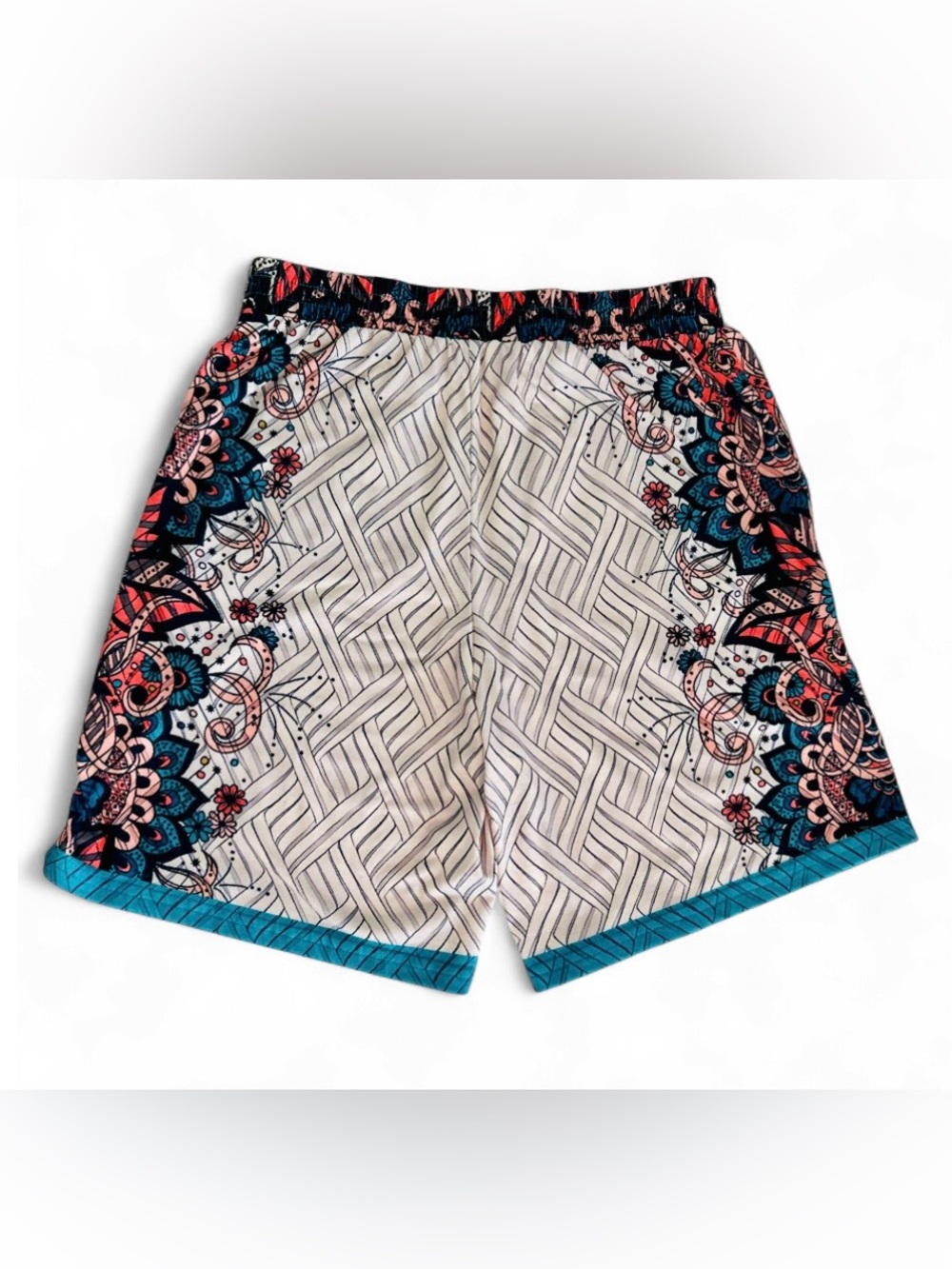 Boho Tribal Mandala Athletic Festival Shorts Geometric Print Teal Border Size S